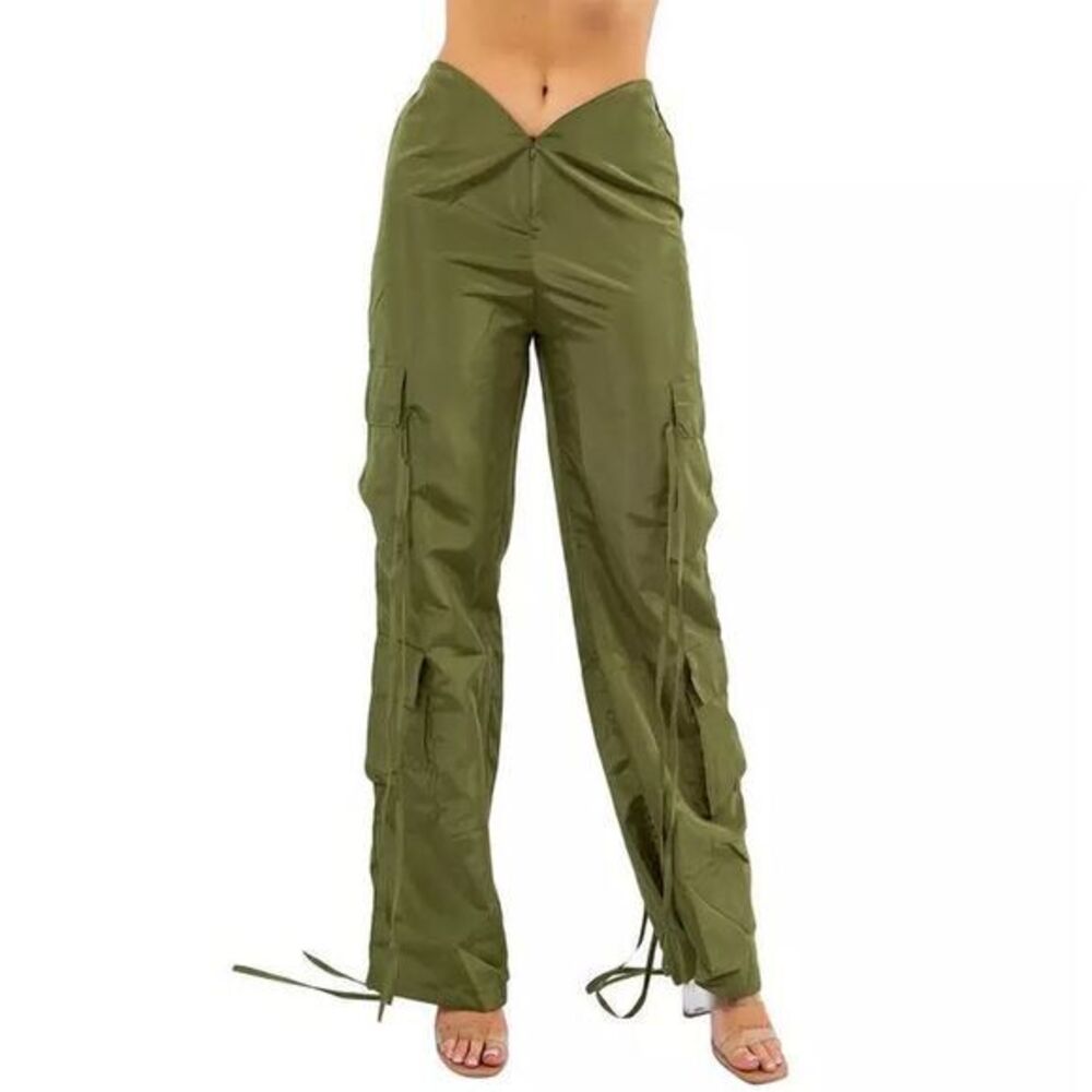 Micas Olive Green‎ Cargo Pants Wide Leg Drawstring Bottoms Casual Streetwear L